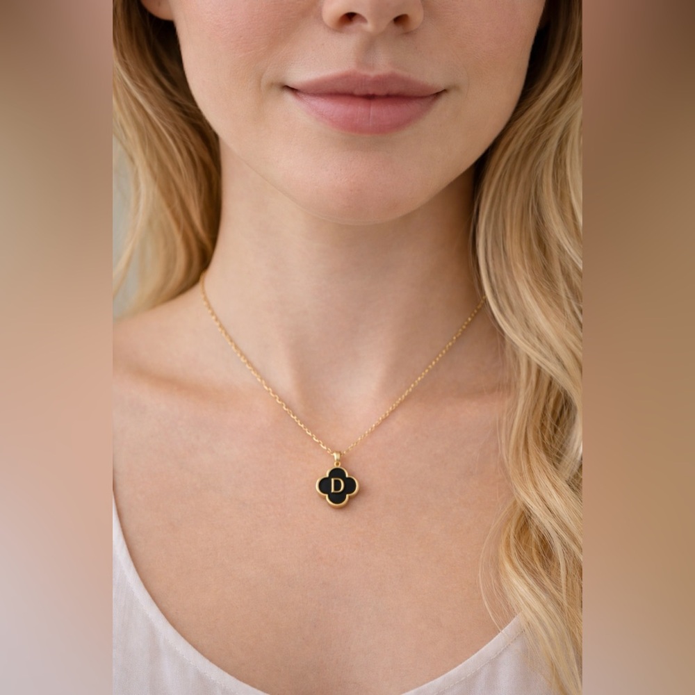 NEW Womens Stainless Steel Goldtone Black Clover Initial D Necklace 17.5"